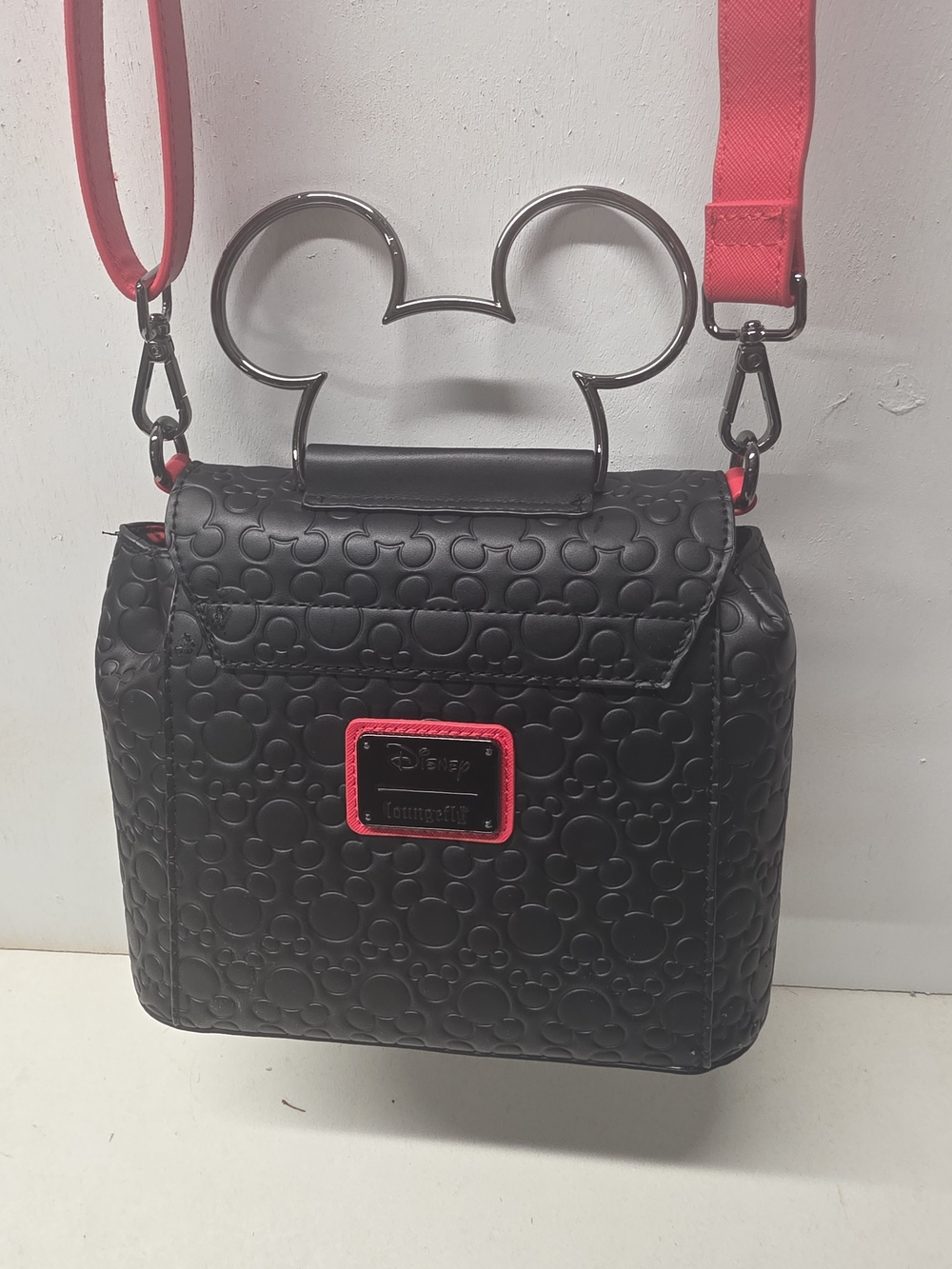 Loungefly Black Embossed Mickey Crossbody with Red Strap - Picture 5 of 9